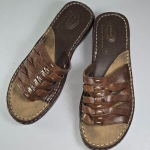 Dr Scholls Women's Brown Leather Woven Slide Sandals Size 8 Double Air Pillo